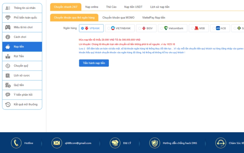 Nạp Tiền HQ88 Nhanh Chóng, An Toàn, Khuyến Mãi Khủng Nạp tiền HQ88 qua chuyển khoản ngân hàng